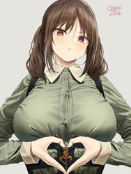  :t artist_name blush breasts brown_hair commentary_request female green_shirt heart heart_hands highres huge_breasts large_breasts looking_at_viewer medium_hair oekakizuki original pout shirt solo suspenders sweatdrop twintails zipper zipper_pull_tab 