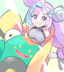  bellibolt boots commentary_request eyelashes female green_hair grey_footwear grey_shirt grin highres iono_(pokemon) jacket long_hair looking_at_viewer multicolored_hair pink_hair pokemon pokemon_(creature) pokemon_sv purple_eyes shirt smile sutokame teeth two-tone_hair yellow_jacket 