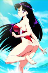  :p absurdres alternate_costume ass bare_legs barefoot beach bishoujo_senshi_sailor_moon black_hair breasts danmakuman female from_behind highres hino_rei long_hair looking_at_viewer looking_back one-piece_swimsuit one_eye_closed purple_eyes red_one-piece_swimsuit solo strapless strapless_one-piece_swimsuit swimsuit tongue tongue_out 