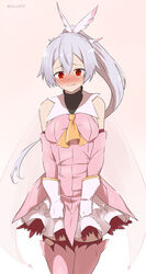  absurdres bare_shoulders blush commentary_request cosplay detached_sleeves dress embarrassed fate/grand_order fate/kaleid_liner_prisma_illya fate_(series) female full-face_blush gloves grey_hair hair_between_eyes highres long_hair looking_at_viewer magical_girl norn0505 pink_background pink_dress pink_sleeves pink_thighhighs ponytail prisma_illya prisma_illya_(cosplay) red_eyes short_dress skirt skirt_under_dress sleeveless sleeveless_turtleneck solo thighhighs tomoe_gozen_(fate) turtleneck twitter_username very_long_hair wavy_mouth white_gloves white_skirt wing_hair_ornament 