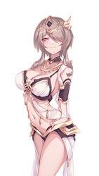  absurdres arms_behind_back breasts brown_hair chinese_commentary circlet cleavage closed_mouth collarbone commentary_request cowboy_shot female hair_over_one_eye highres honkai_(series) honkai_impact_3rd jewelry large_breasts looking_at_viewer navel necklace purple_eyes revealing_clothes rita_rossweisse rita_rossweisse_(eternal_dance)_(honkai_impact) rita_rossweisse_(spina_astera) ruo_zhishi_chu_jian short_hair_with_long_locks sidelocks simple_background smile solo stomach waist_cape white_background 