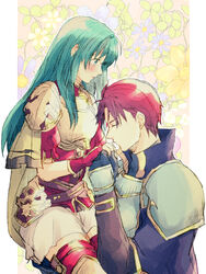  1boy armor blue_eyes blue_hair blush breastplate cape closed_eyes eirika_(fire_emblem) female fingerless_gloves fire_emblem fire_emblem:_the_sacred_stones gloves holding_hands long_hair nishimura_(shinchinagachi) red_hair seth_(fire_emblem) short_hair short_sleeves shoulder_armor skirt thighhighs zettai_ryouiki 