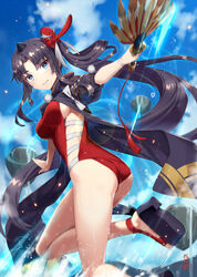  ass black_hair black_jacket blue_eyes blue_sky blurry blurry_background blush breasts closed_mouth cloud cloudy_sky commentary_request day depth_of_field fate/grand_order fate_(series) feather_fan female gabiran horns jacket jacket_over_swimsuit ladder_cutout long_hair looking_at_viewer looking_to_the_side mask mask_on_head medium_breasts one-piece_swimsuit outdoors outstretched_arms parted_bangs platform_footwear platform_heels puffy_short_sleeves puffy_sleeves red_one-piece_swimsuit short_sleeves side_ponytail sideboob sideless_outfit sidelocks single_horn sky smile solo spread_arms standing standing_on_one_leg swimsuit tengu_mask thighs ushiwakamaru_(fate) ushiwakamaru_(swimsuit_assassin)_(fate) ushiwakamaru_(swimsuit_assassin)_(third_ascension)_(fate) very_long_hair water 