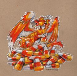  2023 acrylic_painting_(artwork) ambiguous_gender angry brown_eyes candy candy_corn dessert dragon fangs feral food graphite_(artwork) heather_bruton horn membrane_(anatomy) membranous_wings mixed_media mythological_creature mythological_scalie mythology open_mouth orange_body orange_scales pencil_(artwork) scales scalie simple_background solo tail tan_background teeth traditional_media_(artwork) white_body white_scales wings yellow_body yellow_scales 