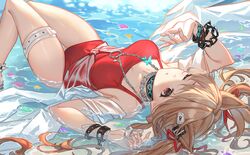  ;o absurdres al_guang angelina_(arknights) angelina_(summer_flower)_(arknights) animal_ears arknights arm_up bracelet breasts brown_hair casual_one-piece_swimsuit collar collarbone covered_navel extra_ears feet_out_of_frame female fox_ears highres infection_monitor_(arknights) jewelry knees_up long_hair lying necklace official_alternate_costume on_back one-piece_swimsuit one_eye_closed parted_lips petals photoshop_(medium) red_eyes red_one-piece_swimsuit see-through shading_eyes shallow_water solo swimsuit swimsuit_cover-up thigh_gap thigh_strap twintails very_long_hair water 