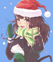  :d absurdres assault_lily blue_background blue_eyes blush brown_hair female green_mittens hat highres kaede_johan_nouvel long_hair long_sleeves looking_at_viewer mittens open_mouth santa_hat scarf smile solo tarou_(user_tpmh7442) upper_body yellow_scarf 