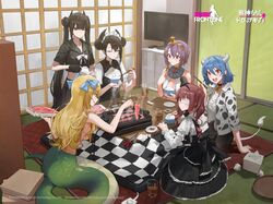  6+girls :d :q absurdres agent_(girls&#039;_frontline) animal_print artist_request bell black_dress black_gloves black_hair black_serafuku black_skirt blonde_hair blue_eyes blue_hair blue_ribbon blush bookshelf bow bowl bowtie breasts chopsticks cleavage closed_eyes closed_mouth clothes_writing coiled commentary company_name controller copyright_name cow_girl cow_horns cow_print cow_tail cup double_bun dress drink drinking_glass egyptian egyptian_clothes english_commentary eyepatch food frills girls&#039;_frontline gloves gothic_lolita griddle hair_between_eyes hair_bun hair_over_breasts hair_ribbon hanazono_yurine hat headpiece highres holding holding_chopsticks holding_teapot horns indoors jashin-chan jashin-chan_dropkick jewelry kotatsu lamia large_breasts lolita_fashion long_hair looking_at_viewer maid maid_headdress meat medical_eyepatch medium_breasts medusa_(jashin-chan_dropkick) midriff mini_hat mini_top_hat minos_(jashin-chan_dropkick) monster_girl multiple_girls neck_bell nude official_art open_mouth ouroboros_(girls&#039;_frontline) plate pouring puffy_short_sleeves puffy_sleeves purple_eyes purple_hair red_eyes red_hair remote_control ribbon rice rice_bowl rug sangvis_ferri school_uniform scissors serafuku shirt short_hair short_sleeves shouji single_side_bun skirt sliding_doors smile table tail tatami teapot teeth television tissue tissue_box tongue tongue_out top_hat twintails upper_teeth_only used_tissue usekh_collar white_bow white_bowtie white_shirt 