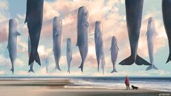  1other animal beach blue_sky canine cloud cloudy_sky commentary day facing_away floating flying_whale from_behind horizon light_rays monokubo ocean original outdoors pixiv_id scenery short_hair sky sperm_whale standing surreal whale wide_shot 