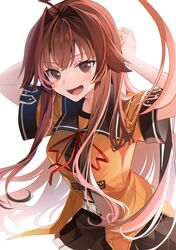  :d absurdres ahoge arms_behind_head belt belt_buckle breasts brown_eyes brown_hair brown_skirt buckle commentary female highres huge_ahoge kantai_collection kuma_(kancolle) kuma_kai_ni_(kancolle) long_hair looking_at_viewer medium_breasts oerba_yun_fang open_mouth pleated_skirt school_uniform serafuku short_sleeves simple_background skirt smile solo white_background white_belt yunamaro 