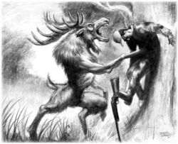  2007 alces_(world_of_darkness) brian_leblanc changeling_(world_of_darkness) deer duo greyscale gun human male mammal monochrome new_world_deer open_mouth ranged_weapon rifle signature teeth violence weapon were weredeer weremoose werenew_world_deer werewolf_the_apocalypse white_wolf_publishing world_of_darkness_(series) 