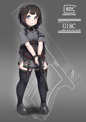  ammunition_pouch armband black_armband black_footwear black_hair black_thighhighs breasts center-flap_bangs closed_mouth commentary_request company_name english_text female full_body garter_straps glock grey_background grey_eyes grey_shirt grey_skirt gun handgun headset highres holding holding_gun holding_weapon konoshige_(ryuun) laser_sight legs_apart loafers logo looking_at_viewer miniskirt mole mole_under_eye mole_under_mouth original personification pouch shirt shoes short_hair short_sleeves skirt small_breasts smile solo standing suppressor tareme thighhighs two-handed weapon weapon_name 