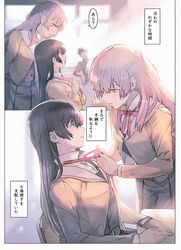  2girls braid classroom french_braid long_hair looking_at_another maeshima_shigeki multiple_girls nanami_touko red_ribbon ribbon saeki_sayaka school_uniform sitting standing sunlight translation_request yagate_kimi_ni_naru yuri 