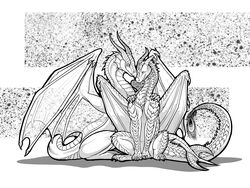  2022 4:3 absurd_res coloring_page desertyrain_minrok digital_drawing_(artwork) digital_media_(artwork) dragon dragonlovers dremora duo english_text european_mythology female feral hi_res horn hug looking_at_another male male/female membrane_(anatomy) membranous_wings monochrome mythological_creature mythological_scalie mythology natoli nuzzling scales scalie simple_background sitting tail tail_tuft text tuft twisted_horns western_dragon wings 