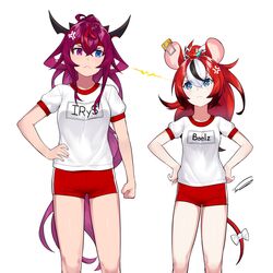  2girls absurdres anger_vein animal_ears animal_on_head blue_eyes character_name commentary dasdokter english_commentary gym_shirt gym_shorts gym_uniform hair_ornament hakos_baelz heterochromia highres hololive hololive_english horns irys_(hololive) lightning_glare long_hair mouse_ears mouse_girl mouse_on_head mr._squeaks_(hakos_baelz) multicolored_hair multiple_girls on_head red_hair rivalry shirt shorts tail virtual_youtuber 