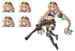  :d ^_^ belt black_belt black_footwear black_shirt black_shorts boots braid breasts brown_hair character_request closed_eyes commentary_request copyright_request cross-laced_footwear expressions female flask full_body goggles goggles_on_head green_eyes green_ribbons greenapple gun hair_ribbon highres holding holding_flask holding_gun holding_weapon jacket lace-up_boots large_breasts long_hair long_sleeves looking_at_viewer multiple_views open_mouth pouch ribbon shirt short_shorts shorts simple_background smile thigh_strap thighs twin_braids twintails v-shaped_eyebrows very_long_hair weapon white_background white_jacket 