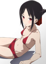  arm_support bare_shoulders bikini blush breasts collarbone commentary female folded_ponytail from_side highres kaguya-sama_wa_kokurasetai_~tensai-tachi_no_renai_zunousen~ leaning_back looking_at_viewer looking_to_the_side navel parted_lips red_bikini red_eyes shinomiya_kaguya shou937 sidelocks simple_background sitting small_breasts solo swimsuit white_background 