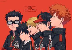  &gt;:( 4boys :d badge black_eyes black_gloves black_hair black_jacket black_necktie blonde_hair blue_eyes border_operator_uniform_(world_trigger) closed_mouth crossed_arms facing_viewer female from_side frown gloves goggles goggles_around_neck green_eyes hosoi_maori ikoma_squad&#039;s_uniform ikoma_tatsuhito jacket lineup long_sleeves minamisawa_kai mizukami_satoshi_(world_trigger) multiple_boys necktie ohhhhhhtsu oki_kouji orange_eyes orange_hair profile red_background red_jacket short_hair simple_background smile spiked_hair uniform upper_body v-shaped_eyebrows visor_cap world_trigger 