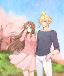  1boy aerith_gainsborough alternate_costume blonde_hair blue_eyes blue_sky blush breasts brown_hair cherry_blossoms cleavage cloud_strife collarbone falling_petals female final_fantasy final_fantasy_vii grass green_eyes grey_shirt hair_down hand_in_own_hair jewelry krudears long_hair long_sleeves medium_breasts necklace pants parted_bangs petals pink_shirt pink_skirt ring shirt sidelocks skirt sky sleeves_rolled_up spiked_hair thumb_in_pocket white_pants 