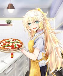  apron aqua_eyes bad_id bad_pixiv_id blonde_hair blush female food girls&#039;_frontline highres long_hair margherita_pizza messy_hair nakaryo0404 open_mouth pizza s.a.t.8_(girls&#039;_frontline) smile solo very_long_hair 