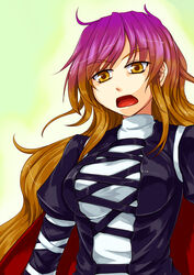  breasts cape coat commentary_request d: female gradient_hair hijiri_byakuren kagelantern large_breasts light_brown_hair long_hair multicolored_hair open_mouth purple_hair simple_background solo touhou upper_body v-shaped_eyebrows very_long_hair wavy_hair white_background yellow_eyes 