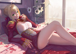  apple bad_id bad_pixiv_id bed bird blonde_hair breasts cleavage dress fate/extra fate_(series) flower food fruit green_eyes juliet_sleeves large_breasts long_sleeves looking_at_viewer lying nero_claudius_(fate) nero_claudius_(fate)_(all) on_back on_bed open_mouth panties pantyshot pantyshot_(lying) petals pigeon pillow puffy_sleeves red_dress revision shijiu_(adamhutt) shirt solo tongue tongue_out underbust underwear vase white_panties window 