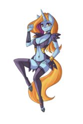  2015 2:3 alpha_channel anthro anthrofied blonde_hair blue_body blue_fur blue_skin breasts cleavage clothed clothing equid equine female friendship_is_magic fur hair hasbro hi_res hooves horn legwear looking_at_viewer makeup mammal multicolored_hair my_little_pony mythological_creature mythological_equine mythology navel navel_piercing piercing purple_hair raptor007 sassy_saddles_(mlp) simple_background skimpy smile solo transparent_background two_tone_hair unicorn yellow_body yellow_eyes yellow_fur 