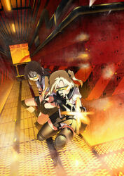  2girls black_hair blonde_hair bow candy casing_ejection commentary_request elbow_pads fingerless_gloves firing food glock gloves goggles gun h&amp;k_g36c hairbow half_updo hallway handgun heckler_&amp;_koch highres industrial_pipe knee_pads lamp lollipop long_hair miharu_(cgsky) multiple_girls muzzle_flash original photoshop_(medium) safety_glasses school_uniform serafuku shell_casing skirt steam submachine_gun thighhighs tinted_eyewear twintails two_side_up under_fire weapon yellow-tinted_eyewear 