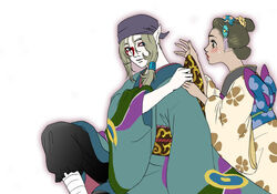  apothecary bandana bandana blonde_hair blush bow brown_hair caring couple do-rag face_paint facepaint facial_mark japanese_clothes kayo kimono kusuriuri kusuriuri_(mononoke) makeup male male_focus mononoke obi pointy_ears romantic sash sitting 