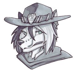  anthro blizzard_entertainment bust_portrait calypso_tayro canid canine canis cigar clothing cole_cassidy diaminerre domestic_dog hat headgear headwear male mammal markers monochrome overwatch portrait solo wolf 