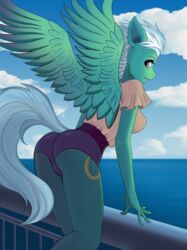  2018 5_fingers anthro anthrofied ass bite biting_lip biting_own_lip breasts butt_pose clothed clothing cloud cutie_mark equid equine eyebrows eyelashes feathered_wings feathers female fingers fleetfoot_(mlp) friendship_is_magic fully_clothed green_body green_feathers hair hasbro hi_res leaning leaning_forward looking_at_viewer looking_back mammal my_little_pony mythological_creature mythological_equine mythology outside pegasus portrait pose purple_eyes railing rexiwiksi sea self_bite short_hair side_boob sky solo spread_wings standing teeth three-quarter_portrait water white_hair wings wonderbolts_(mlp) 