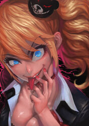  :p blonde_hair blue_eyes breasts cleavage commentary_request crazy_eyes danganronpa:_trigger_happy_havoc danganronpa_(series) enoshima_junko female hair_ornament hairclip lips long_hair looking_at_viewer medium_breasts nail_polish photoshop_(medium) smile solo spoilers tianzhong_zhongtian tongue tongue_out twintails 