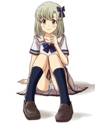  arm_support blue_bow blue_bowtie blue_panties blue_socks bow bowtie brown_eyes brown_footwear clenched_hand closed_mouth commentary_request crotch_seam female full_body green_hair hairbow idolmaster idolmaster_(classic) idolmaster_stella_stage kneehighs lace lace-trimmed_panties lace_trim lielos loafers long_hair looking_at_viewer miniskirt mole mole_under_eye panties pantyshot pleated_skirt school_uniform shadow shiika_(idolmaster) shirt shoes short_sleeves simple_background sitting skirt smile socks solo underwear white_background white_shirt white_skirt 