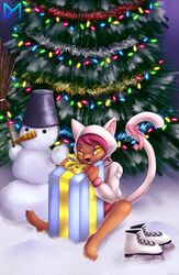  anthro christmas clothing diaminerre domestic_cat felid feline felis gift hi_res holding_gift holding_object holidays ice_skates mammal new_year ribbons snow snowman solo suit winter 