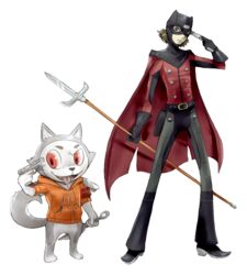  alpha_channel anthro anthrofied atlus black_nose bottomless canid canine canis chibi clothed clothing costume cylent_nite domestic_dog duo evoker gloves handwear human ken_amada koromaru male mammal mask megami_tensei megami_tensei_persona melee_weapon persona_(series) persona_3 polearm red_eyes sega shiba_inu spear spitz tongue tongue_out weapon 