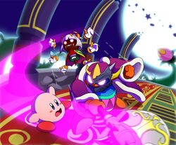  arachnid arthropod avian axe battle_axe bird floating_hands flower glowing glowing_eyes jumping king_dedede kirby kirby_(series) male masked_dedede melee_weapon moon nintendo obstinatemelon penguin plant spider spidr taranza waddling_head weapon 