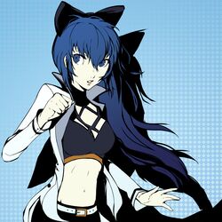  blake_belladonna blake_belladonna_(cosplay) blue_eyes blue_hair bow breasts commentary_request cosplay dh_(brink_of_memories) female hairbow highres lips long_hair medium_breasts midriff navel persona persona_4 persona_x_detective rwby shirogane_naoto solo 