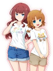  2girls :d ahoge assault_lily blue_eyes blue_shorts blunt_bangs braid braided_ponytail brown_hair brown_shorts closed_mouth clothes_writing collarbone commentary_request cowboy_shot food_print fukaiton futagawa_fumi halftone halftone_background hand_on_own_hip hand_up highres jewelry kaede_johan_nouvel long_hair looking_at_viewer midriff_peek multiple_girls open_clothes open_mouth open_shorts orange_hair pink_background pocket print_shirt ring shirt short_sleeves shorts sidelocks single_braid smile standing t-shirt teeth translation_request two-tone_background upper_teeth_only v_arms wavy_hair white_background white_shirt 