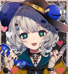  bad_id bad_twitter_id bandages bandaid bandaid_on_hand black_background black_bow black_bowtie black_choker black_hat blue_flower blue_hat blue_rose border bow bowtie bracelet brown_border chains choker collar collared_shirt commentary crystal daimaou_ruaeru eyes_visible_through_hair fangs female flower gold_chain green_eyes grey_hair hair_flower hair_ornament hairbow hairpin hands_up hat hat_bow heart heart-shaped_pupils heart_hair_ornament heart_print highres jewelry komeiji_koishi looking_at_viewer open_mouth phone ring rose shadow shirt short_hair short_sleeves smile solo symbol-only_commentary symbol-shaped_pupils third_eye tongue touhou upper_body wristband yellow_bow yellow_shirt yellow_sleeves 