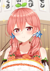  +_+ .live :t bare_shoulders blurry blurry_background blush brown_flower brown_rose chopsticks closed_mouth commentary depth_of_field eating female flower food hair_between_eyes hair_ornament highres holding holding_chopsticks indoors kitakami_futaba komori_kuzuyu long_hair low_twintails pink_hair red_eyes red_flower red_rose red_sailor_collar rose sailor_collar sapling shirt sleeveless sleeveless_shirt solo sparkle star_(symbol) star_hair_ornament twintails virtual_youtuber 