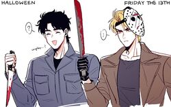  ... 2boys ? blonde_hair blood blood_on_weapon blue_hair closed_eyes commentary_request copyright_name cosplay crossover dio_brando friday_the_13th hako_iix07 halloween_(movie) hockey_mask holding jason_voorhees jason_voorhees_(cosplay) jojo_no_kimyou_na_bouken jonathan_joestar knife machete male_focus mask michael_myers michael_myers_(cosplay) multiple_boys phantom_blood shirt short_hair simple_background smile spoken_ellipsis spoken_question_mark weapon yellow_eyes 