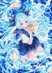  :o absurdres animal bad_id bad_pixiv_id bare_legs barefoot blue_eyes blue_hair bottle_miku bow bowtie commentary female fish goldfish hair_ribbon hairbow hatsune_miku highres holding holding_animal in_water liquid_hair long_hair looking_at_viewer miniskirt multicolored_eyes painting_(medium) pleated_skirt raised_eyebrows ribbon school_uniform serafuku short_sleeves skirt solo tarou_umebosi traditional_media translucent_hair twintails very_long_hair vocaloid water watercolor_(medium) 