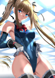  ass_visible_through_thighs black_ribbon blonde_hair blue_one-piece_swimsuit blue_thighhighs breasts covered_navel cowboy_shot dead_or_alive dead_or_alive_5 elbow_gloves female frilled_one-piece_swimsuit frills gloves hair_ornament hair_ribbon highleg long_hair looking_at_viewer marie_rose marie_rose_(devilish_servant_against_the_splashing_waves) medium_breasts one-piece_swimsuit ribbon sen_(sansui) shiny_skin skin_tight solo standing swimsuit thighhighs twintails x_hair_ornament 