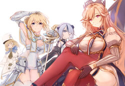  4girls armor armored_collar armpits asymmetrical_hair azur_lane bare_shoulders bearn_(azur_lane) black_coat black_gloves black_hair blonde_hair blue_eyes blue_ribbon bodysuit bodysuit_under_clothes book breast_curtains breasts brown_hair cleavage coat commentary cowboy_shot crossed_bangs crown detached_sleeves dress eyepatch faulds flag france french_flag gauntlets gloves grey_eyes grey_hair hair_between_eyes hair_bun hair_intakes hair_ornament hand_on_own_head hat highres holding holding_book holding_flag jeanne_d&#039;arc_(azur_lane) kneeling large_breasts le_terrible_(azur_lane) long_hair looking_at_viewer maltese_cross medium_breasts medium_hair monocle multiple_girls neck_ribbon off_shoulder pink_eyes puffy_detached_sleeves puffy_sleeves rapier red_thighhighs ribbon richelieu_(azur_lane) shika_(shika0) short_hair sidelocks simple_background single_hair_bun sitting sleeveless sleeveless_dress smile standing striped striped_sleeves sword thigh_strap thighhighs vertical-striped_sleeves vertical_stripes weapon white_armor white_background white_dress white_headwear white_thighhighs 