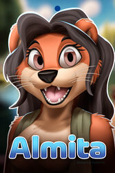  2023 2:3 almita_otter anthro black_hair black_nose blakefox blurred_background breasts brown_body brown_eyes brown_fur bust_portrait character_name con_badge confuror female fur hair hi_res looking_at_viewer mammal mustelid open_mouth otter pink_tongue portrait solo teeth text tongue 