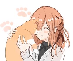  ^_^ animal black_shirt blush brown_hair cardigan closed_eyes closed_mouth commentary english_commentary feline female grey_cardigan highres long_hair mikeneko_(vtuber) mikeneko_(vtuber)_(old_design) milk_tea_1993 orange_cat original ribbon shirt simple_background smile upper_body 