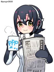  animal_costume black_hair cup female gloves headphones highres humboldt_penguin_(kemono_friends) kemono_friends kemono_friends_v_project looking_at_viewer multicolored_hair newspaper pengin0808 penguin_costume shirt short_hair simple_background smile solo tail virtual_youtuber white_background 