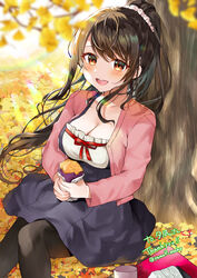  absurdres autumn_leaves black_dress black_hair black_pantyhose blurry breasts brown_eyes cleavage collarbone commission cup day depth_of_field dress female food hair_ornament hair_scrunchie highres holding holding_food jacket leaf long_hair looking_at_viewer onigiri open_mouth original outdoors pantyhose pink_jacket ponytail scrunchie signature sitting skeb_commission smile solo sweet_potato teeth tree upper_teeth_only yam_(yamap_mako) 