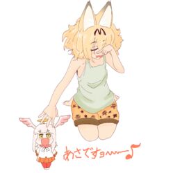  alarm_clock animal_ears clock commentary_request female japanese_crested_ibis_(kemono_friends) kemono_friends pajamas rubbing_eyes serval_(kemono_friends) serval_print shorts shumazarashi simple_background sleepy solo tank_top translated waking_up white_background 