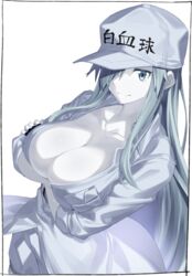  baseball_cap black_gloves breasts cleavage collarbone colored_skin crossed_arms female fingerless_gloves gloves grey_eyes hat hataraku_saibou hataraku_saibou_black highres kei_(soundcross) large_breasts long_hair looking_at_viewer simple_background smile solo standing u-1196 upper_body white_blood_cell_(hataraku_saibou) white_hair white_skin white_uniform 