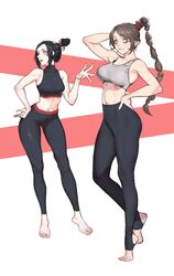  2girls absurdres alternate_costume arm_behind_head avatar:_the_last_airbender avatar_legends azula bare_shoulders barefoot black_hair black_pantyhose black_sports_bra breasts brown_hair censored censored_feet commentary commission contemporary english_commentary feet full_body grey_eyes grey_sports_bra hair_bun hand_on_own_hip highres legs long_hair midriff multi-tied_hair multiple_girls navel nemte_namih no_shoes pantyhose parted_lips shadow smile sports_bra standing stirrup_legwear toeless_legwear toenails toes ty_lee yellow_eyes 